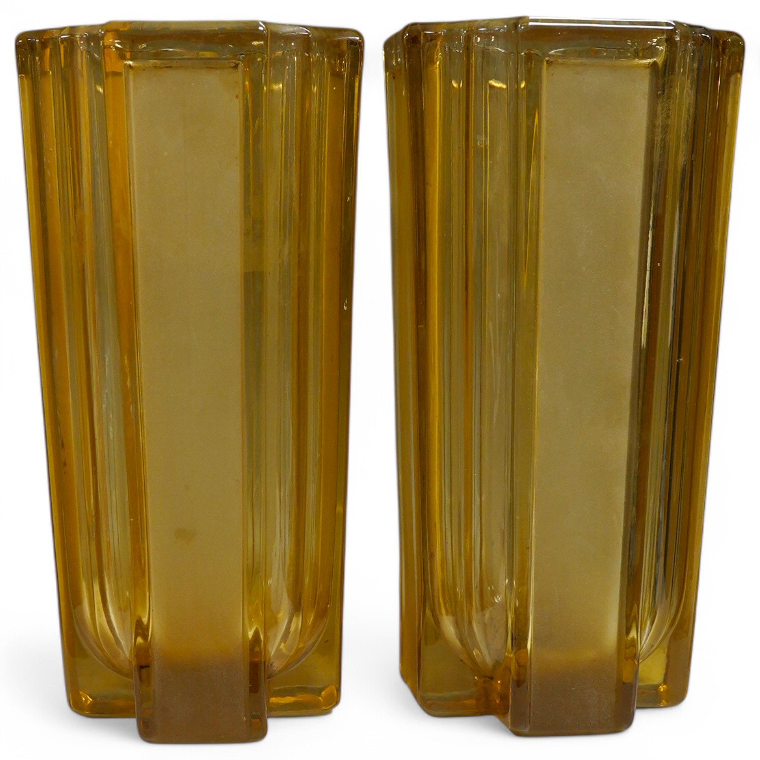 A pair of Art Deco amber and frosted glass vases, 25cm high. Condition - good, scuffing to bases